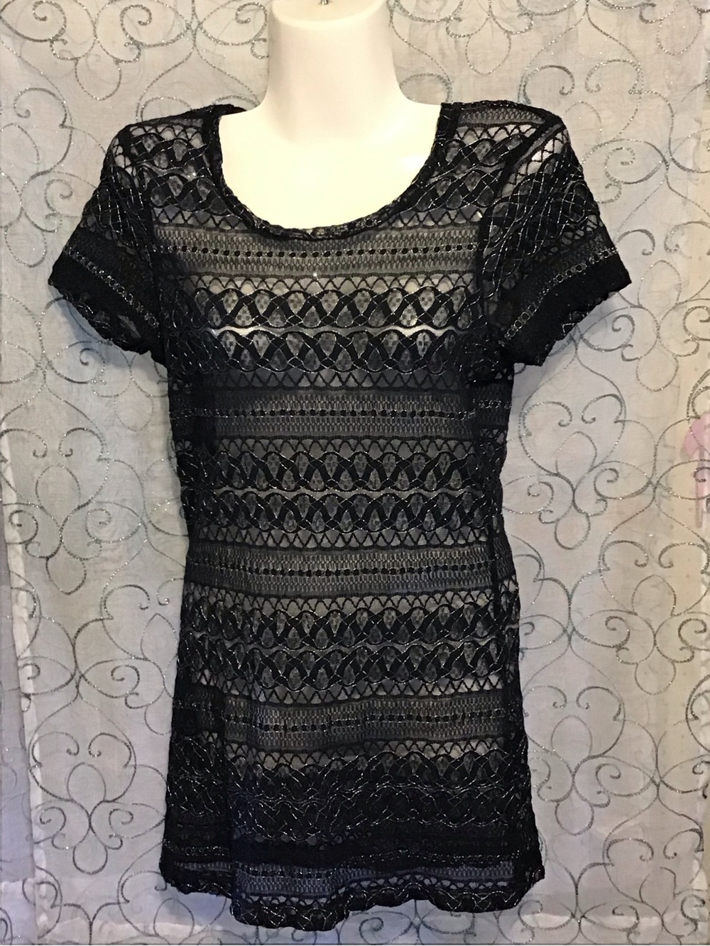 BKE Navy Blue Sheer Lace Short Sleeve Tunic